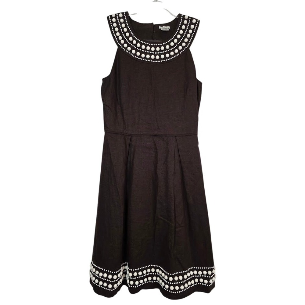 Kate Spade Women's Sz 4 Fit & Flare Dress Brown 100% Linen Beaded Sleeveless